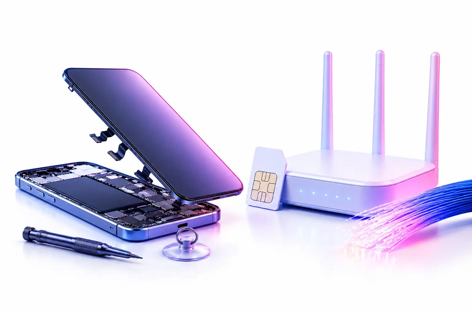 Purple smartphone with its back panel removed, revealing internal components and a black circuit board.