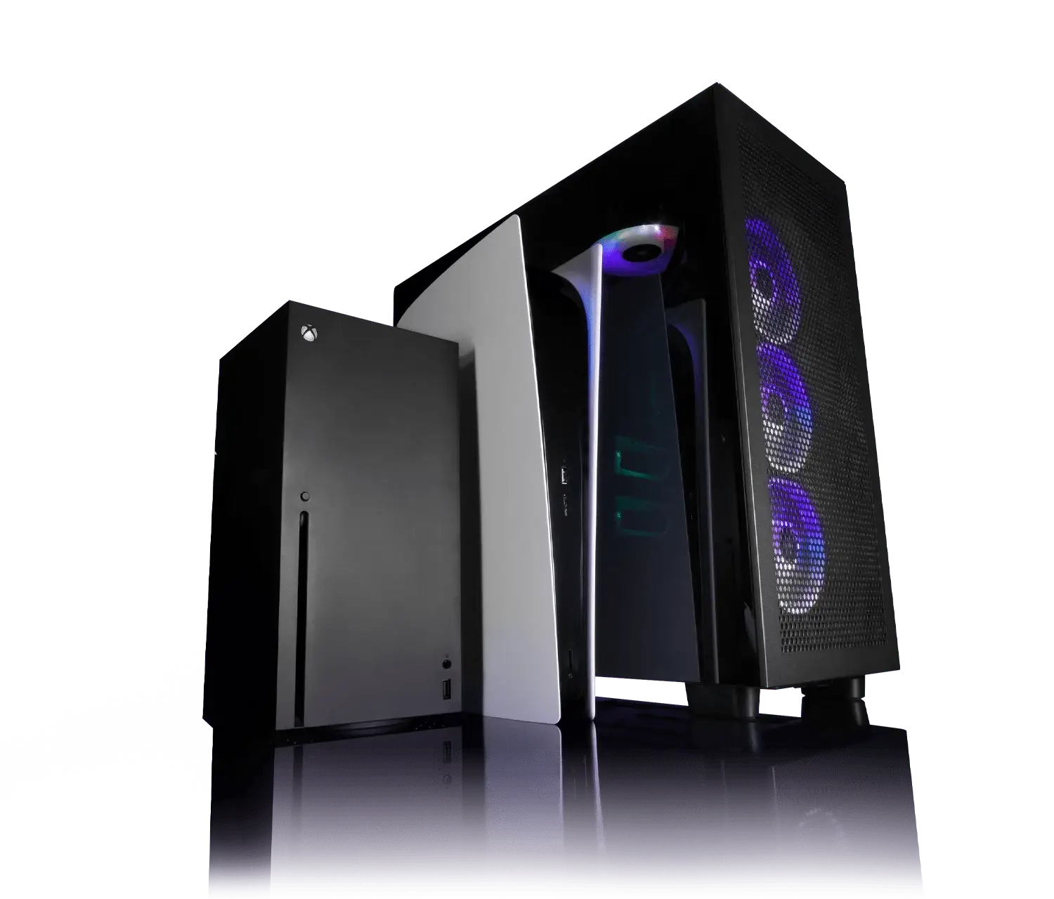 Gaming setup with Xbox console and RGB gaming PC demonstrating multiplatform headset compatibility