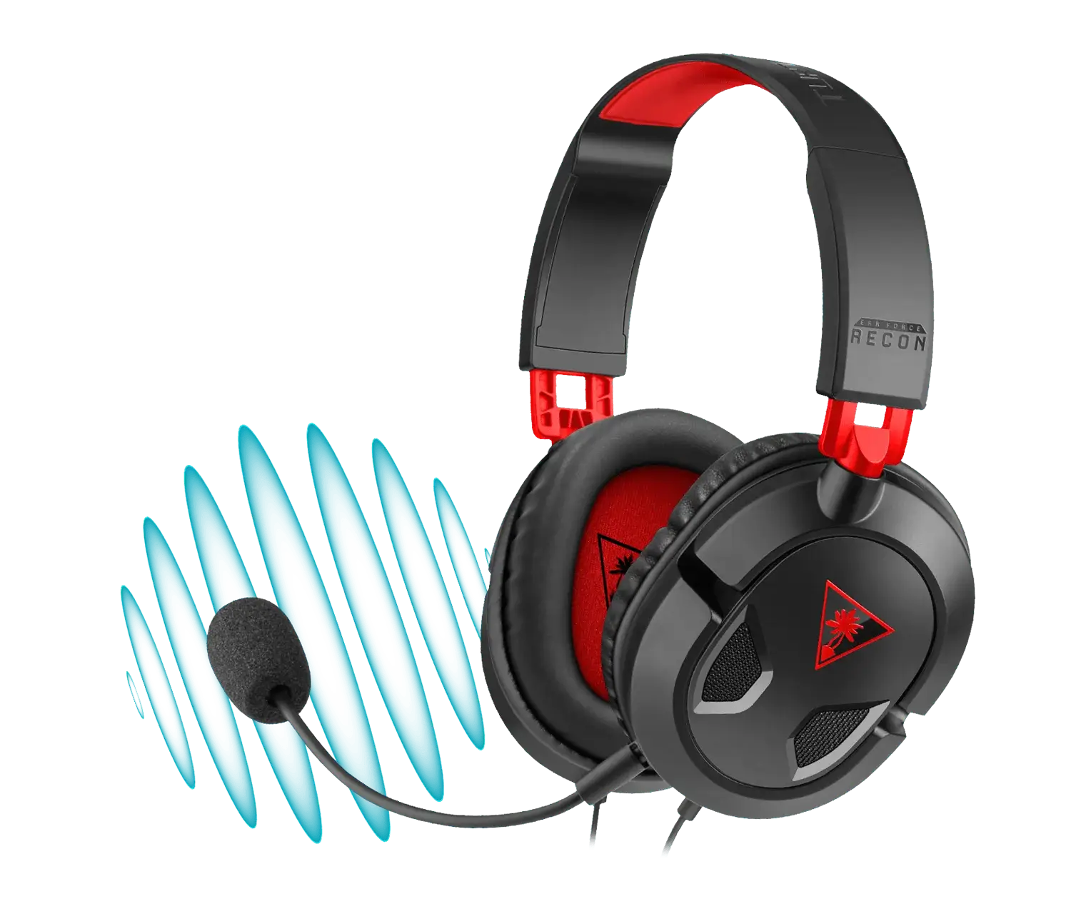 Black and red Recon 50 gaming headset with removable microphone and sound wave graphics