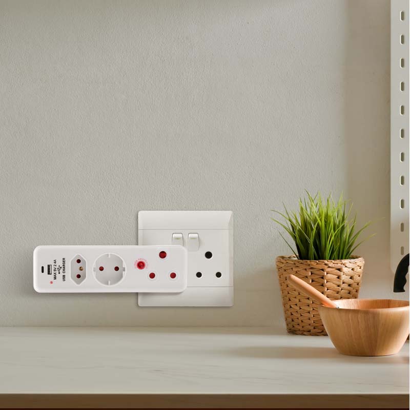 Three Way Type C Ellies 3 Way Surge Protection Adaptor with USB and Type C Schuko ...