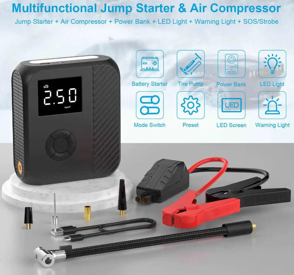 Rizzen Portable Jump Starter & Compressor 12,000mAh - Black