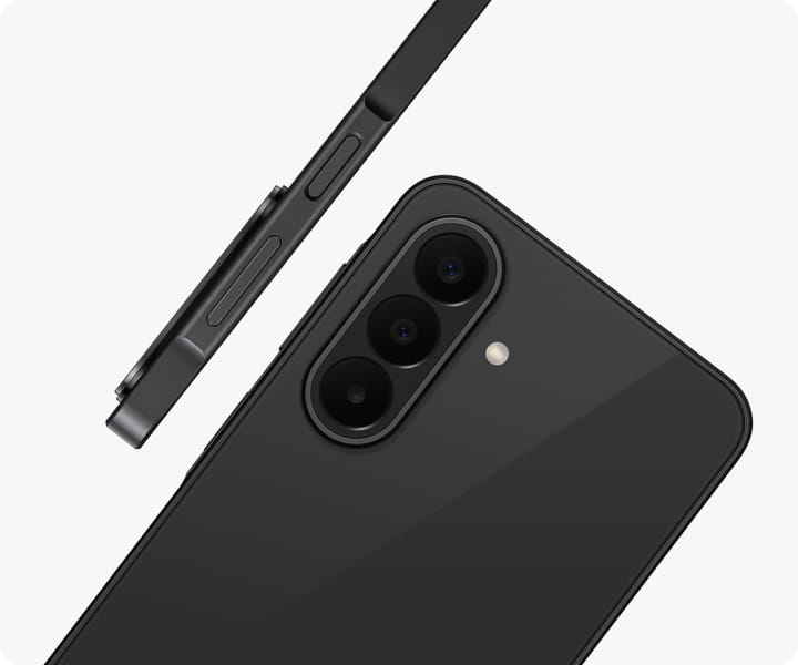 Galaxy A27 5G in Black is seen at an angle from the back, highlighting the camera bump with the Triple Camera. Another Galaxy A27 5G in Black is shown from the side view, highlighting the slim design.