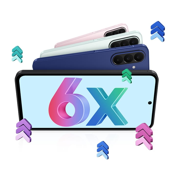 Three Galaxy A27 5G devices in various colors shown from the back, overlapping each other. Another Galaxy A27 5G shown facing forward in landscape mode with onscreen text 6x, signifying that Galaxy A27 5G includes 6 times OS upgrades and 6 years of security upgrades.