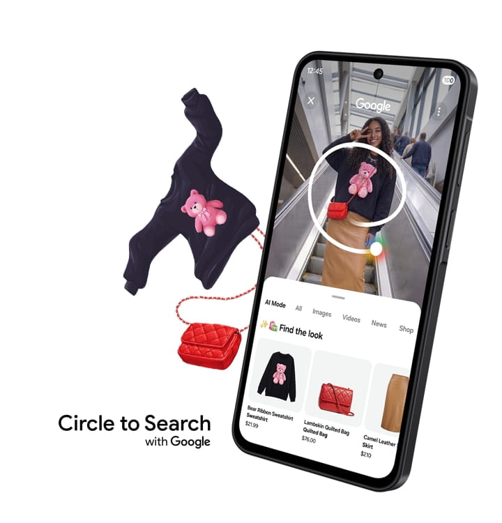 Galaxy A27 5G shown facing forward in portrait mode with a young woman onscreen and a circle drawn over two pieces from her outfit using Circle to Search with Google. The two pieces, a bag and a sweater, are shown in search results underneath and pop out of the screen. Circle to search with Google.