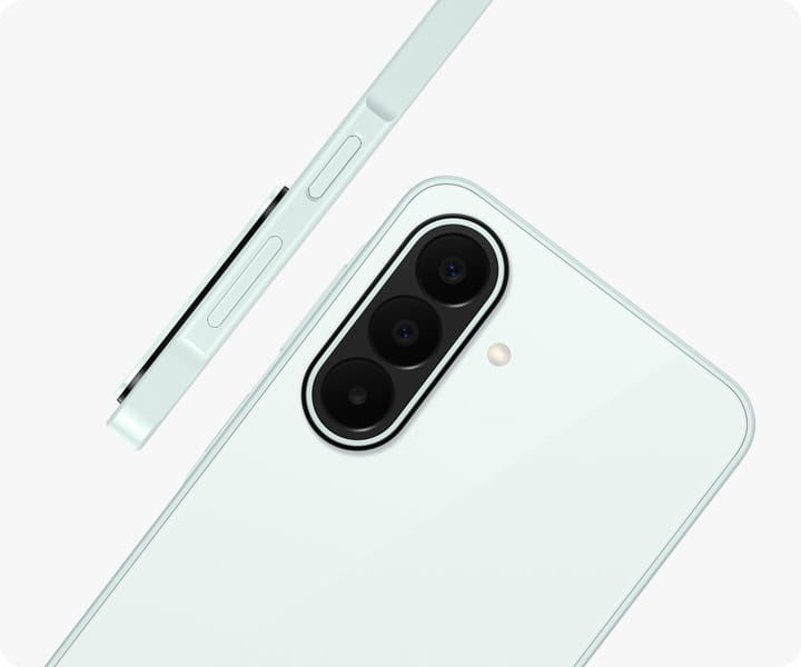 Galaxy A27 5G in Light Green is seen at an angle from the back, highlighting the camera bump with the Triple Camera. Another Galaxy A27 5G in Light Green is shown from the side view, highlighting the slim design.