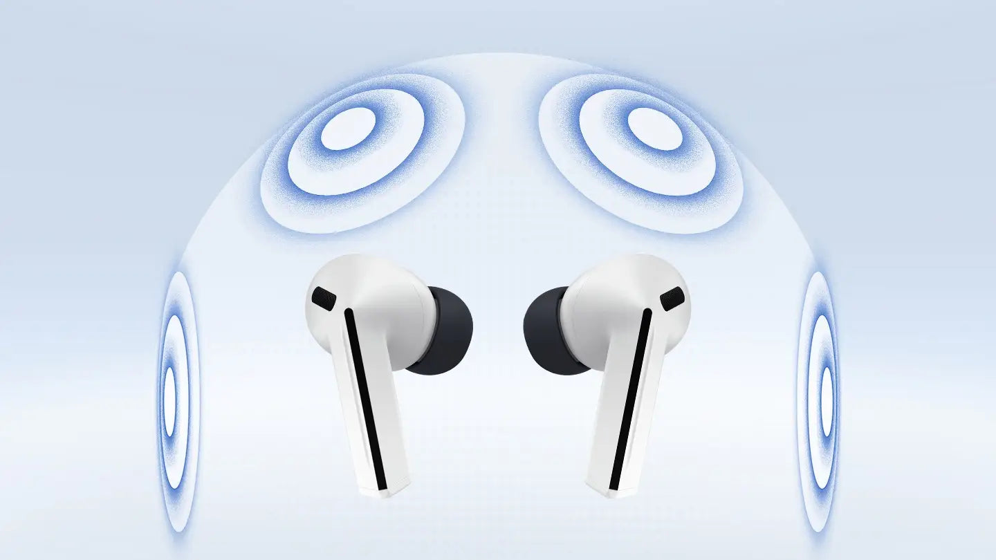 Galaxy Buds3 FE inside a sphere featuring four sound rings to represent 360 Audio.