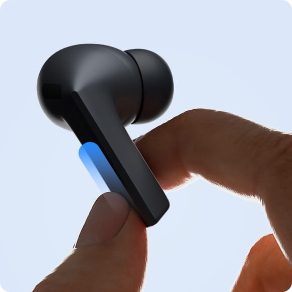 A finger swipes across the Blade of a single, Black Galaxy Buds3 FE.