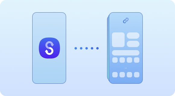 A smartphone device silhouette with Smart Switch icon onscreen is shown transferring data to another compatible smartphone device with multiple data layers.