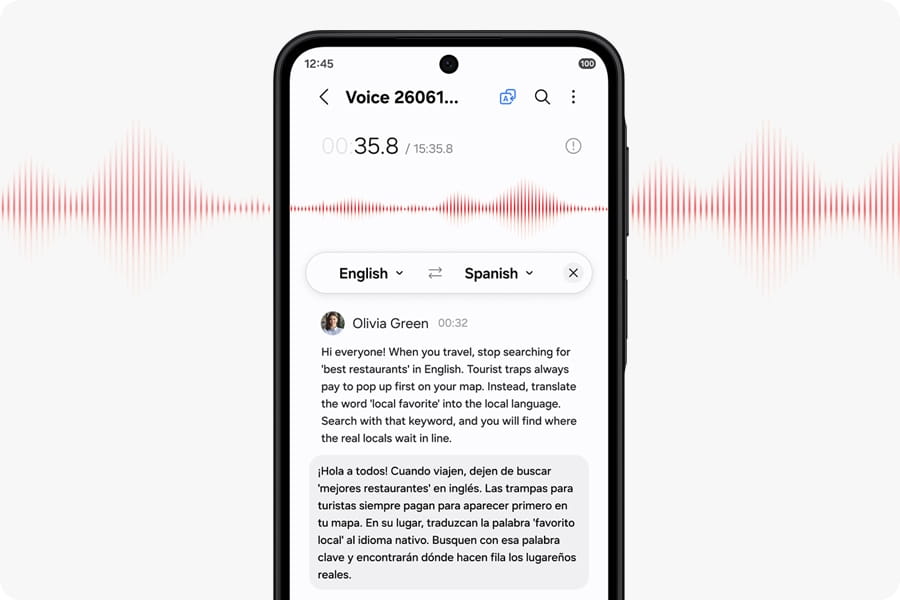 Galaxy A27 5G displaying a voice transcription of Olivia's travel tips for finding hidden local restaurants and accommodation, translated from English to Spanish. The text, 'Hi everyone! When you travel, stop searching for 'best restaurants' in English. Tourist traps always pay to pop up first on your map. Instead, translate the word 'local favorite' into the local language. Search with that keyword, and you will find where the real locals wait in line.