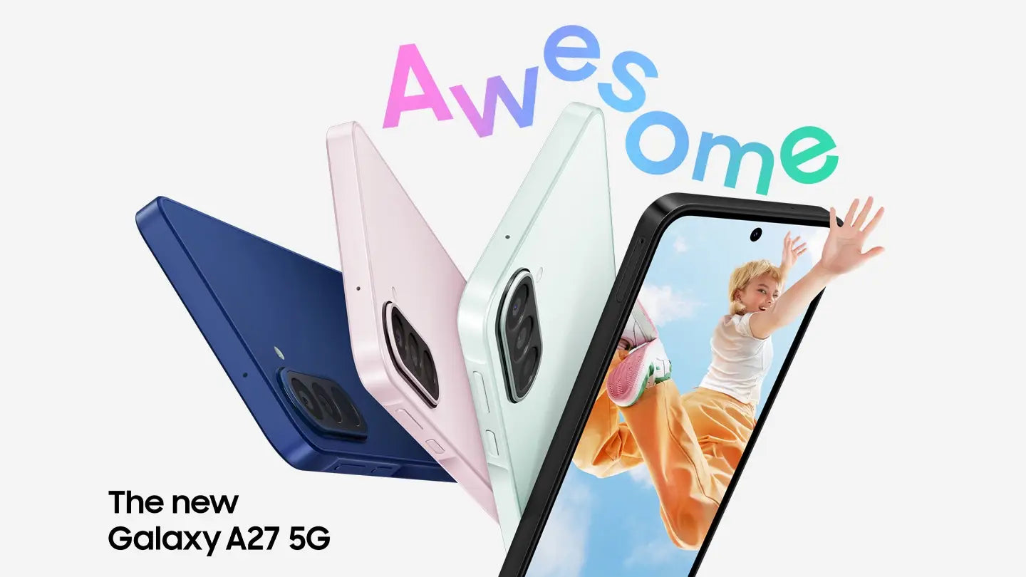 Galaxy A27 5G in Blue, Light Green and Light Pink are shown from the side and back view, highlighting the slim design and the Triple Camera system on the back. Galaxy A27 5G in Black is facing slightly right with a colorful image onscreen of a young woman jumping in the air with her hand reaching outside of the phone screen. Awesome. The new Galaxy A27 5G.