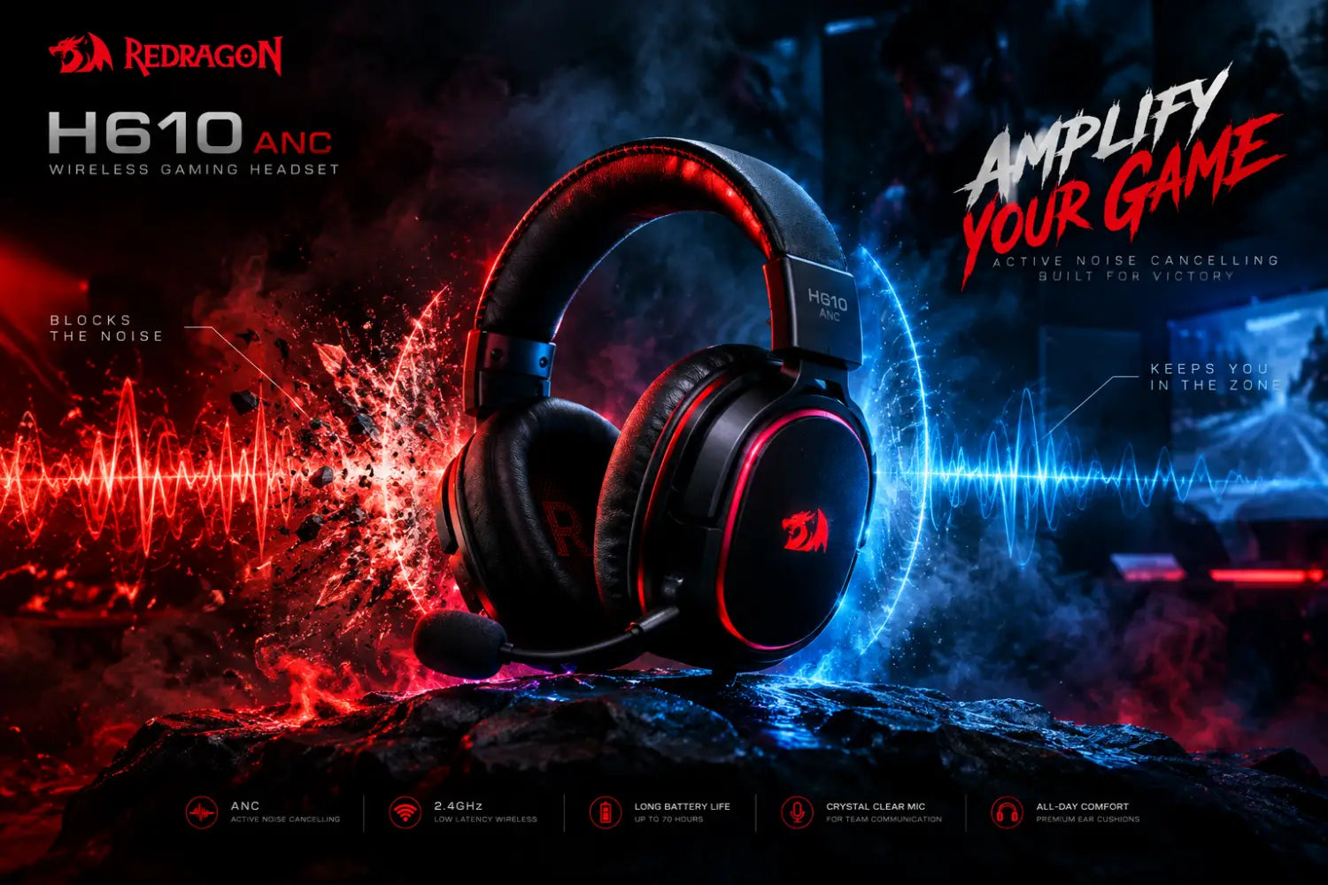 Redragon H610 VIBECORE ANC Bluetooth Wireless Over-ear Headphones - Black