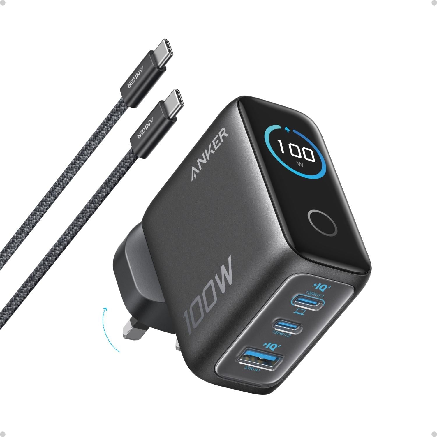 Anker 3 Port PD Wall Charger With Display 100W - Grey - Grey