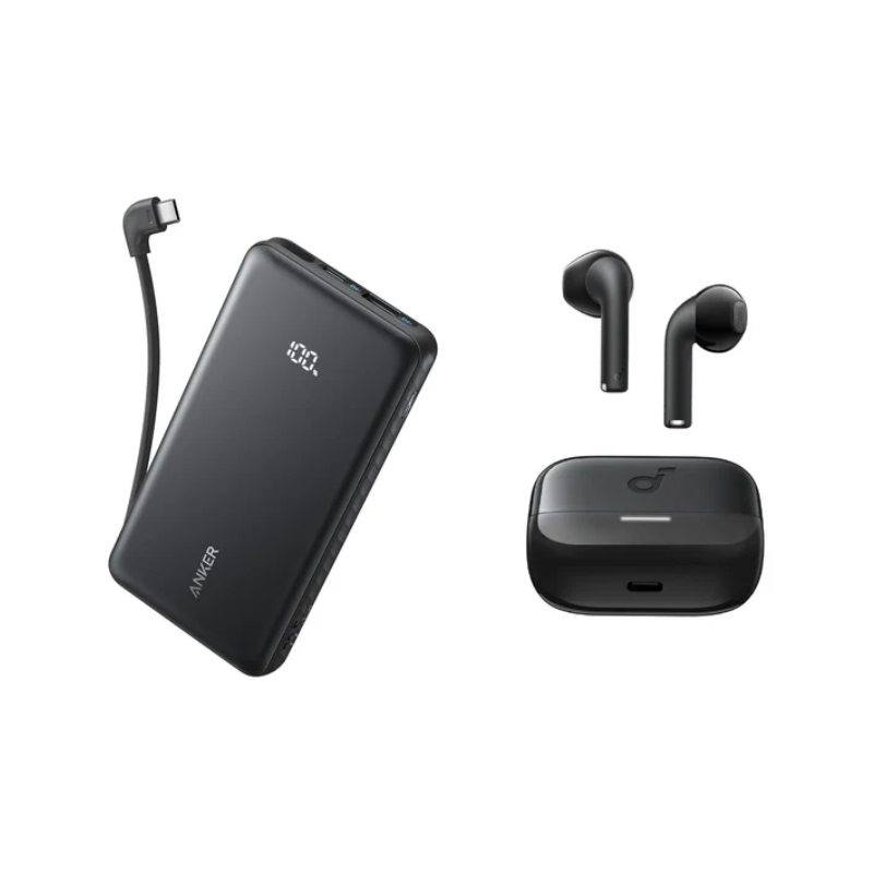 Anker Zolo Power Bank 10000mAh 22.5W With Built-In USB-C Cable & Soundcore K20i True Wireless Earbud Bundle - Black
