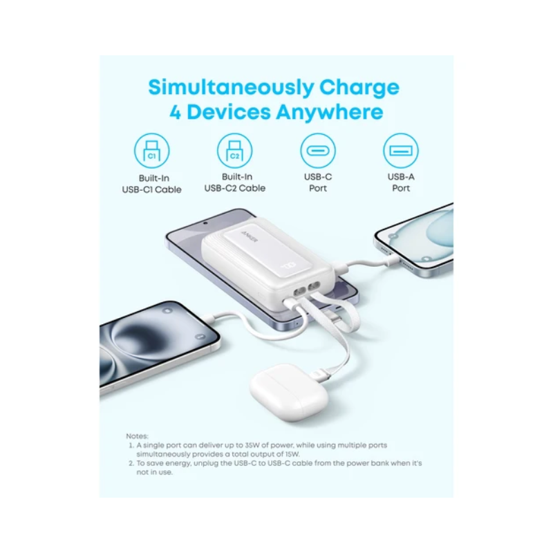 Anker Zolo Power Bank 10000mAh 35W With Dual Built-In USB-C Cables - White - White