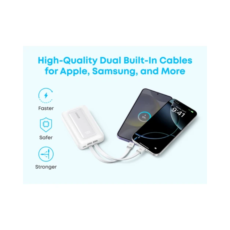 Anker Zolo Power Bank 10000mAh 35W With Dual Built-In USB-C Cables - White - White