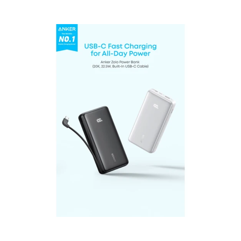 Anker Zolo Power Bank 20000mAh 22.5W With Built-in USB-C Cable - White - White