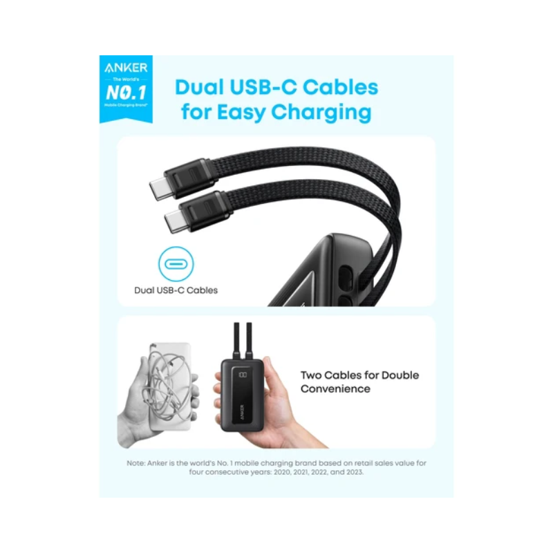 Anker Zolo Power Bank 20000mAh 45W With Dual Built-in USB-C Cables - Black - Black