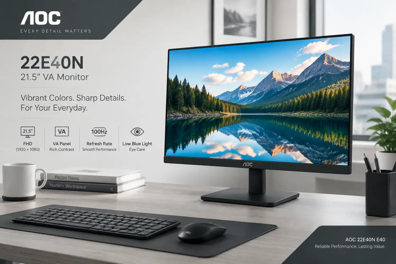 AOC 22E40N 21.5’’ FHD VA Monitor 120Hz 4ms HDMI VGA HDR – Black