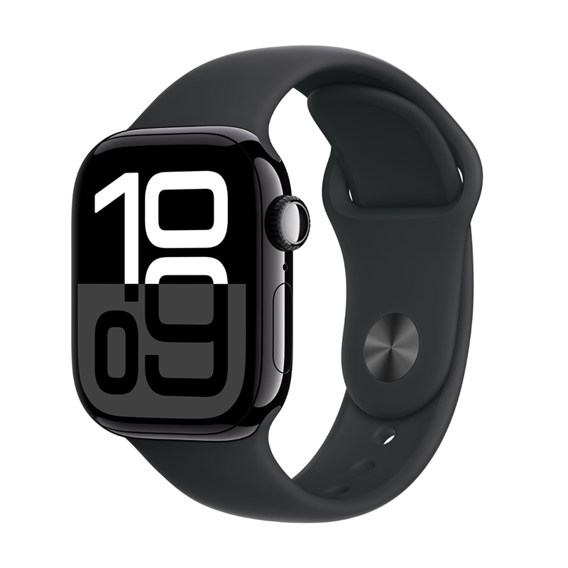 Apple Watch Series 10 GPS + Cellular 42mm Jet Black Aluminium Case with Black Sport Band - M/L - Black