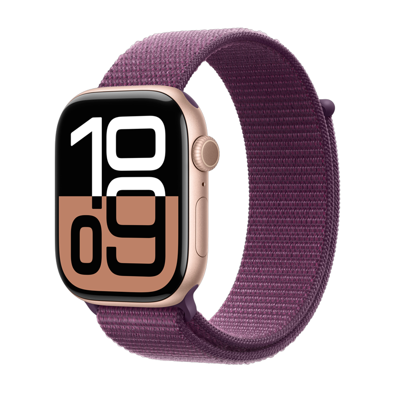 Apple Watch Series 10 GPS + Cellular 42mm Rose Gold Aluminium Case with Plum Sport Loop - Rose Gold