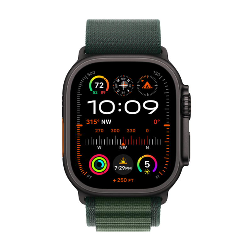 Apple Watch Ultra 2 GPS + Cellular 49mm Black Titanium Case with Dark Green Alpine Loop - Small - Green