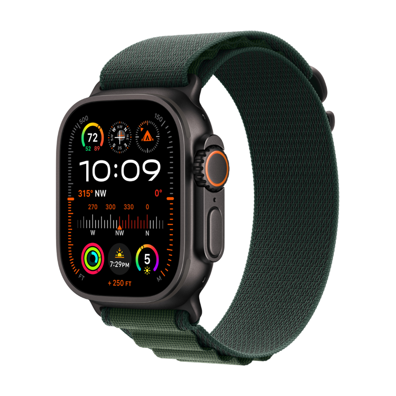 Apple Watch Ultra 2 GPS + Cellular 49mm Black Titanium Case with Dark Green Alpine Loop - Large - Green