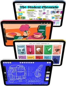 Front facing iPad screens show a variety of Apple apps and App Store apps