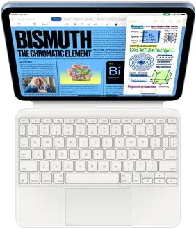 iPad attached to Magic Keyboard Folio, screen is showing Slide Over with Pages and Notes app