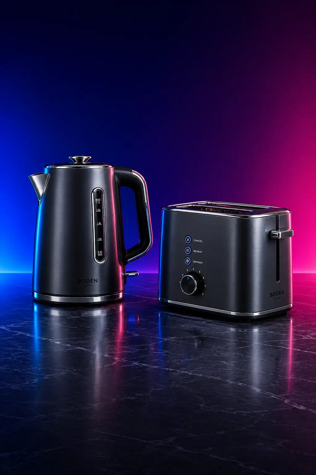 Black electric kettle with stainless steel accents and a digital water level indicator