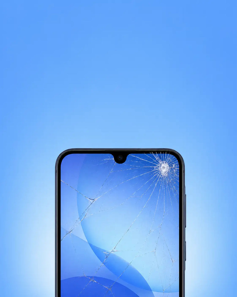 Black-framed smartphone with a cracked screen displaying abstract blue graphics.