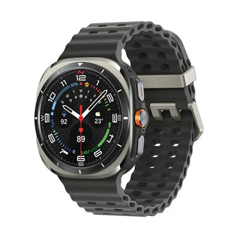 Black perforated silicone watch band with silver-tone metal clasp and orange accent button.