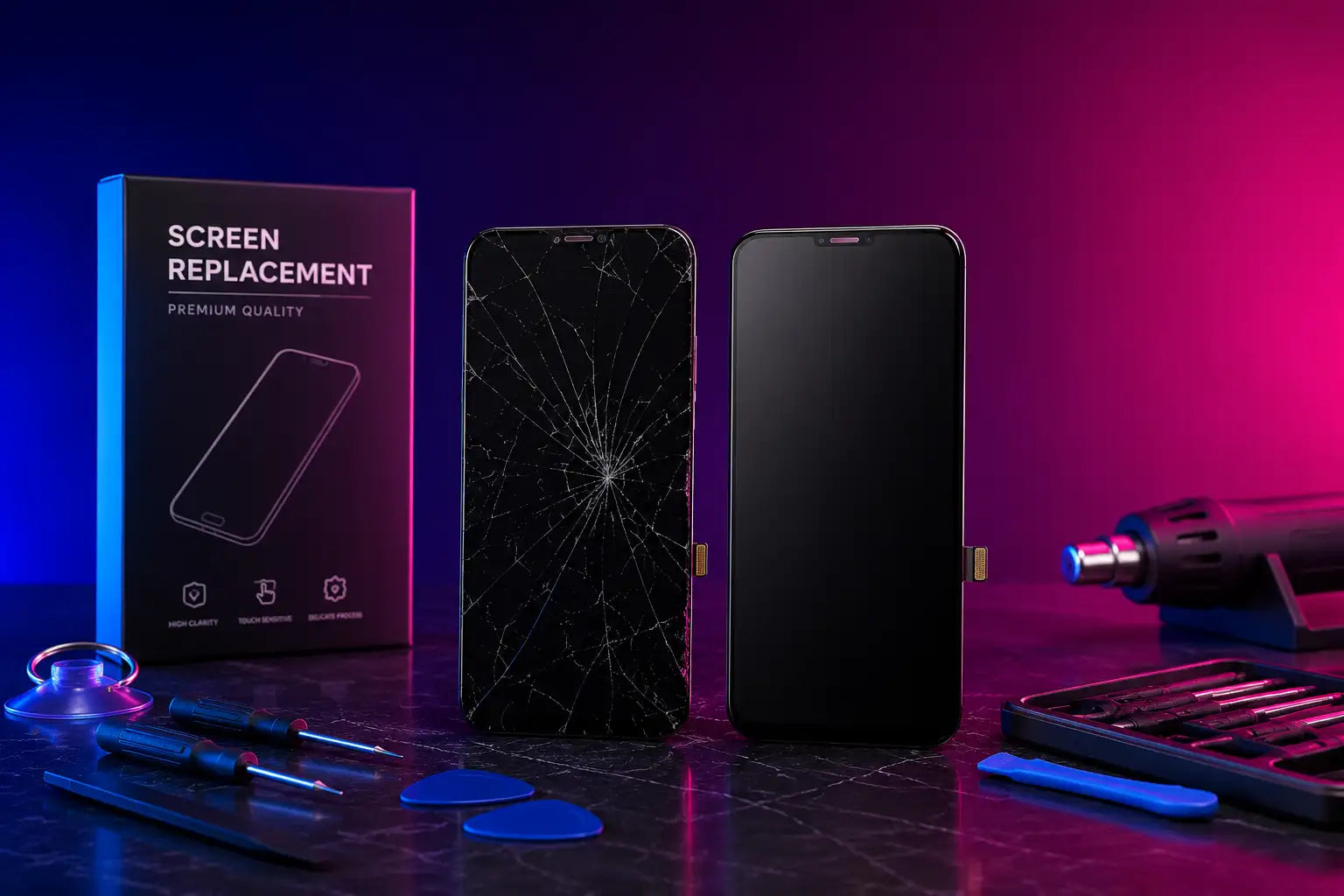 Black smartphone screen replacement panel with a cracked display next to its unbroken counterpart, both presented in sleek packaging and surrounded by repair tools.