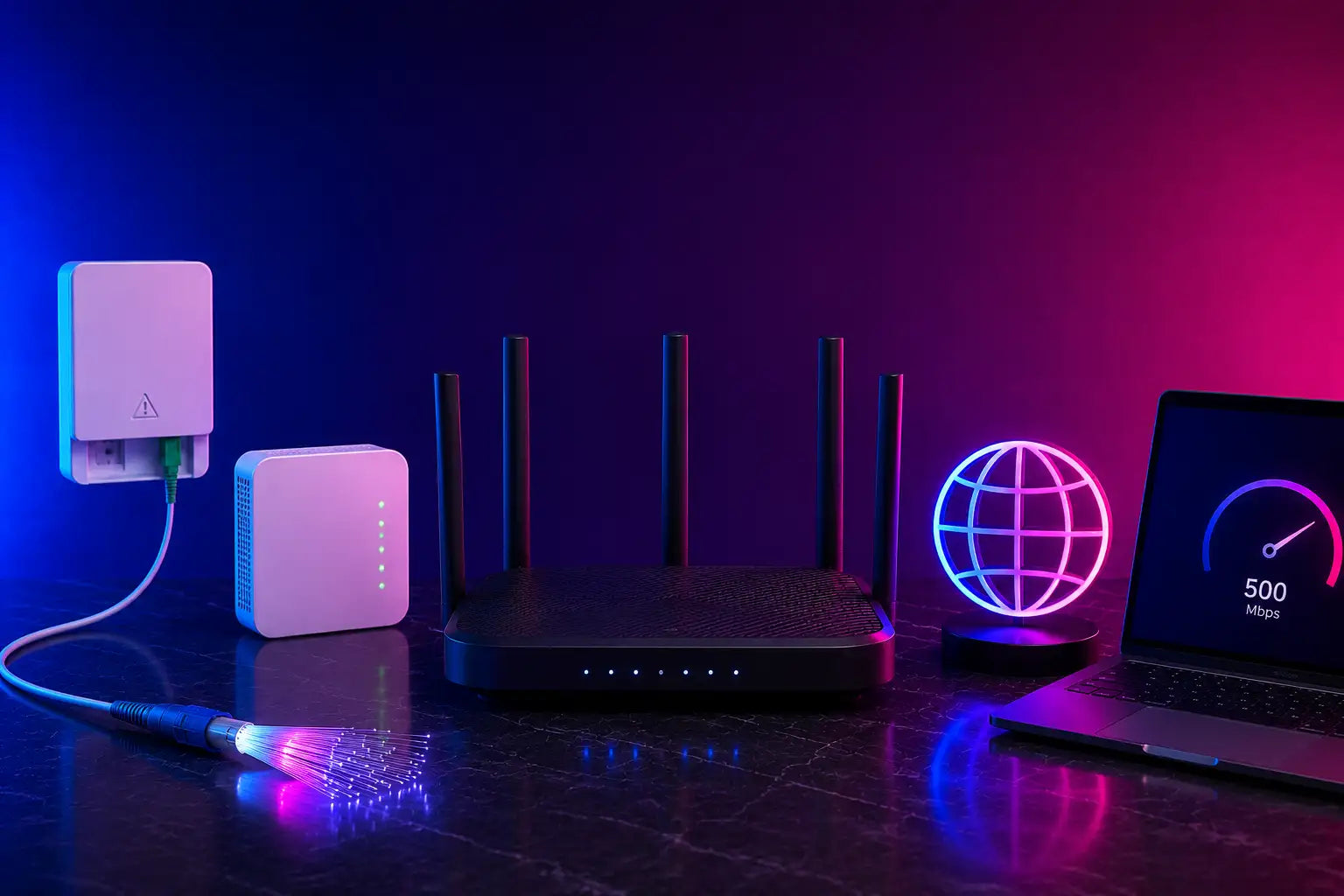 Black wireless router with five vertical antennas and a textured surface