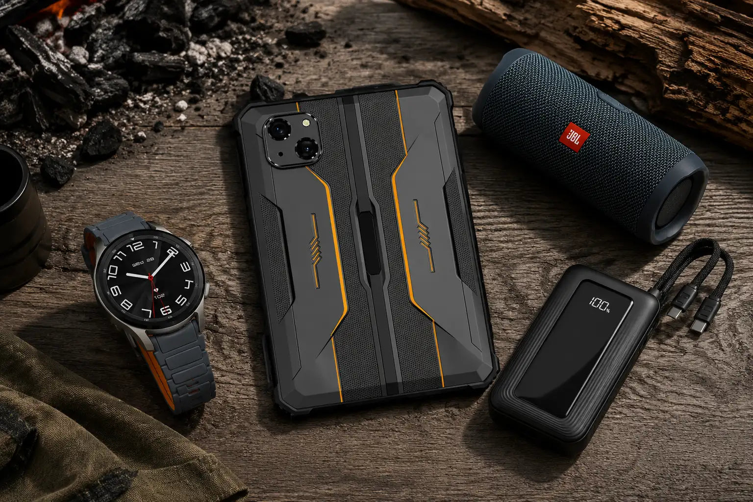 Black and yellow rugged phone case with angular design and textured surface