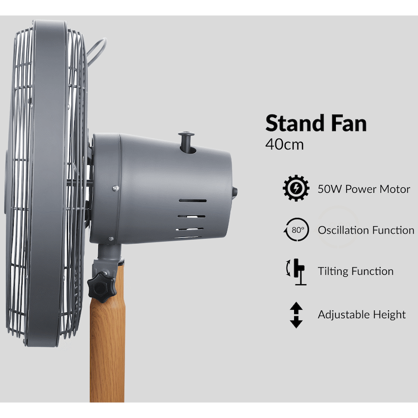 Boden Stark 40cm Stand Fan 50W 5 Blades Adjustable Height - Grey - Kitchen and Home