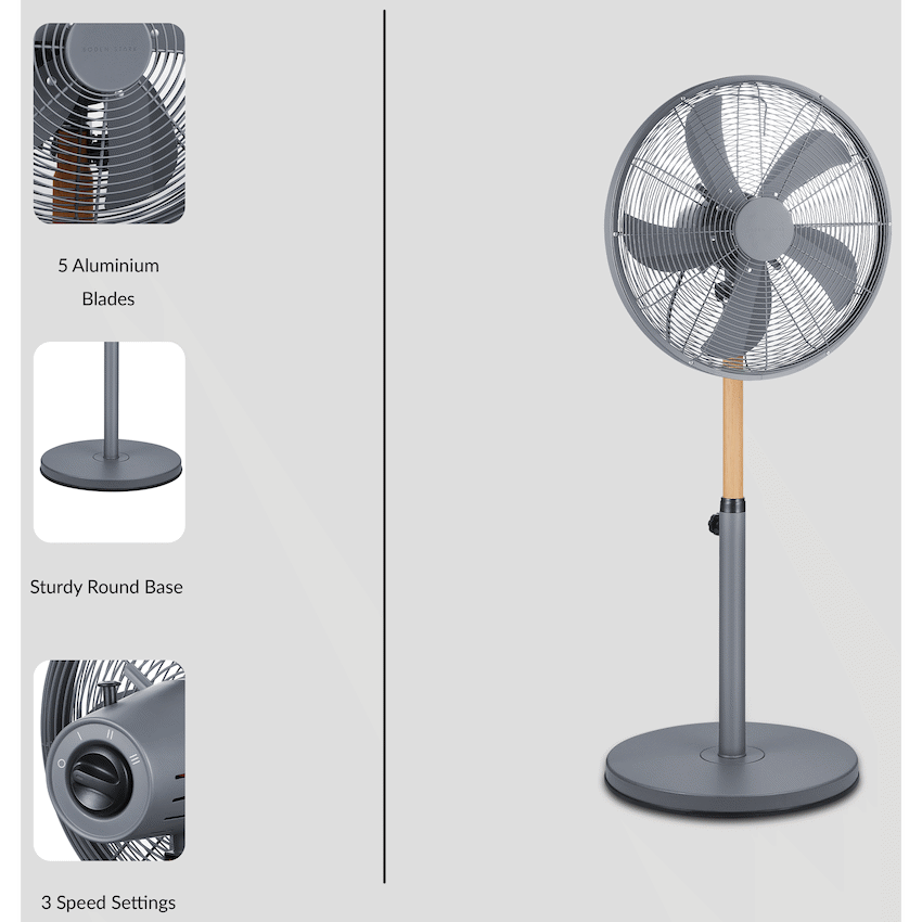 Boden Stark 40cm Stand Fan 50W 5 Blades Adjustable Height - Grey - Kitchen and Home