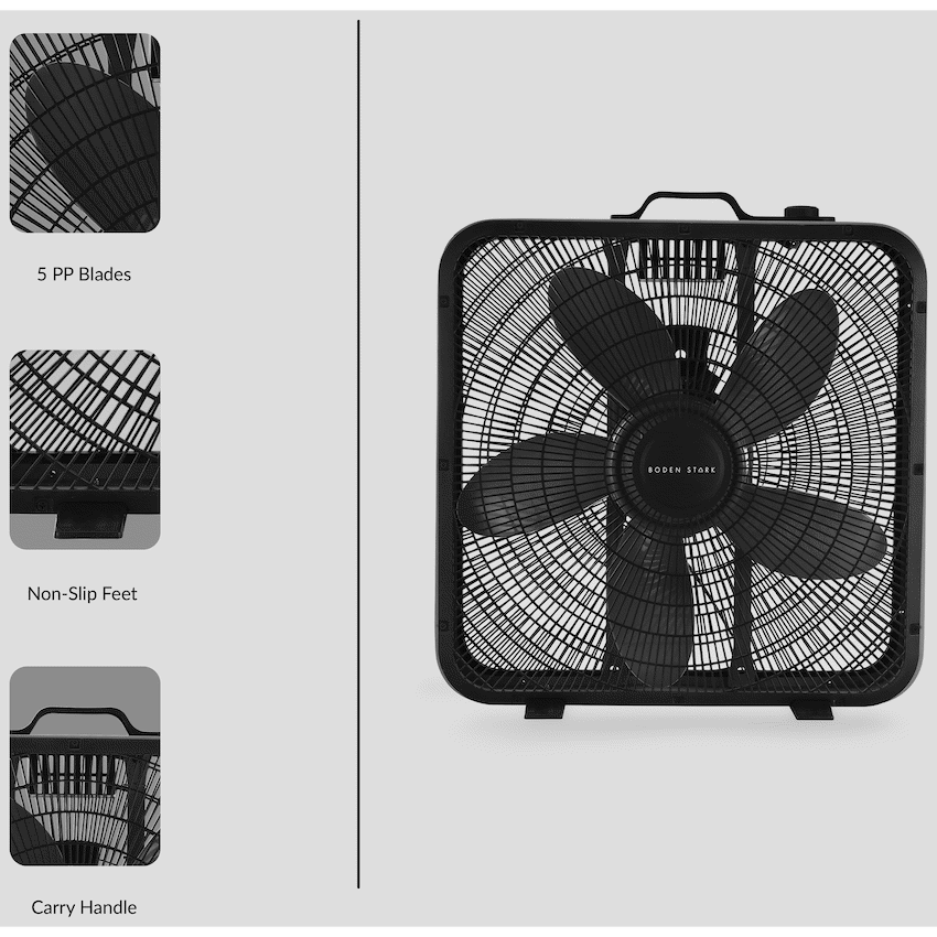 Boden Stark 50cm Box Fan 3-Speed Floor Fan - Black - Black - Kitchen and Home