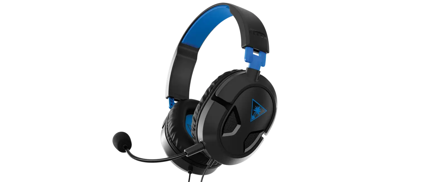 Black and blue Recon 50 gaming headset with detachable microphone and cushioned ear cups