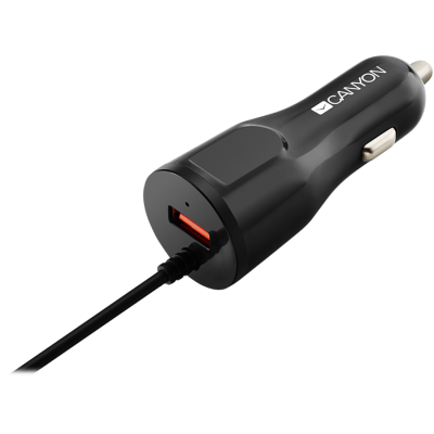 Canyon C-033/US Universal USB Car Adapter With Lightning Cable - Black Glossy - Black