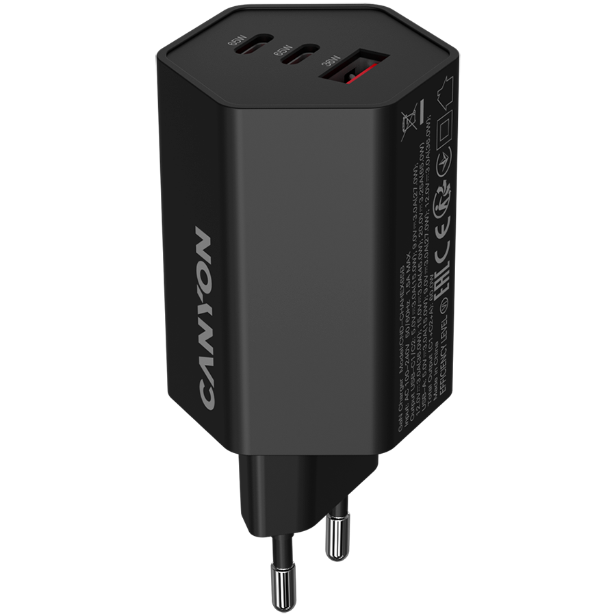 CANYON Charger HEXAGON 65 GaN 65W 2xPD 1xQC EU Black - Black