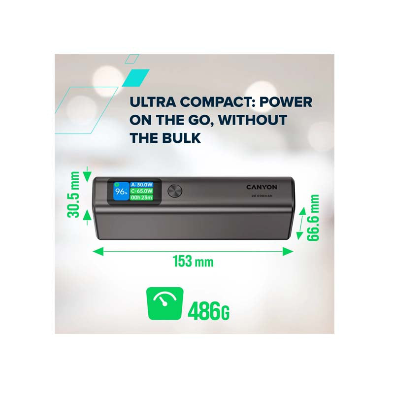 CANYON Power Bank OnPower 230 TFT 20000 mAh PD130W Dark Grey - Grey