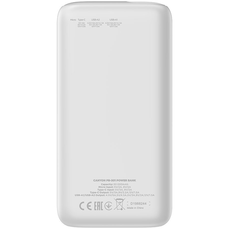 CANYON Power Bank PB-301 LED 30000 mAh PD 20W QC 3.0 White - White
