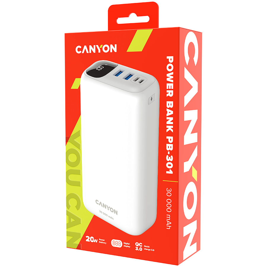 CANYON Power Bank PB-301 LED 30000 mAh PD 20W QC 3.0 White - White
