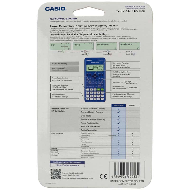 Casio FX-82ZA Plus II Scientific Calculator - Blue - Blue