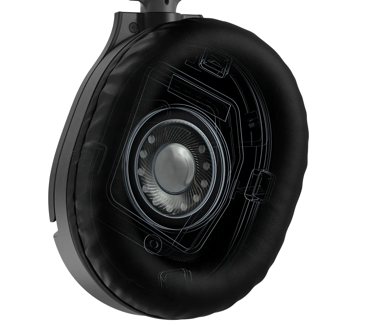 Close-up of headphone ear cup showcasing internal 40mm speaker components