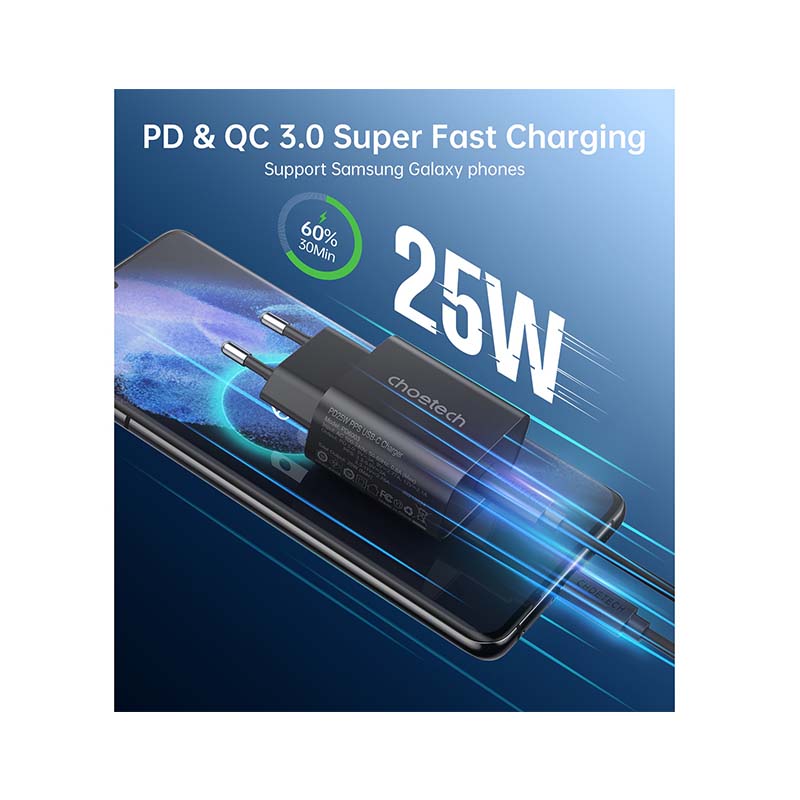 Choetech 1 Port PD 25W Wall Charger - Black - Black