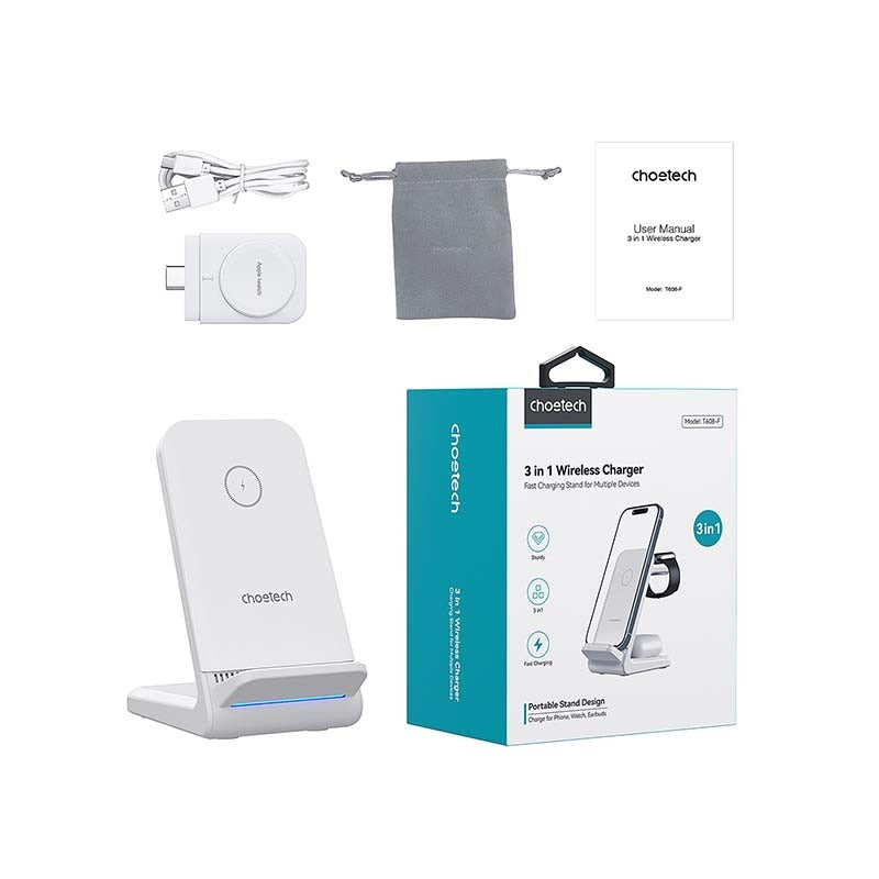 Choetech Fast Wireless 4 In 1 Magnetic Charging Stand T608-F 15W - White - White