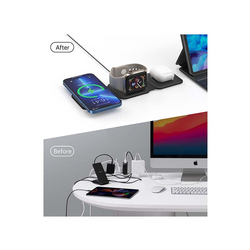 Choetech Foldable 3-in-1 Magnetic Wireless Travel Charger - Black - Black