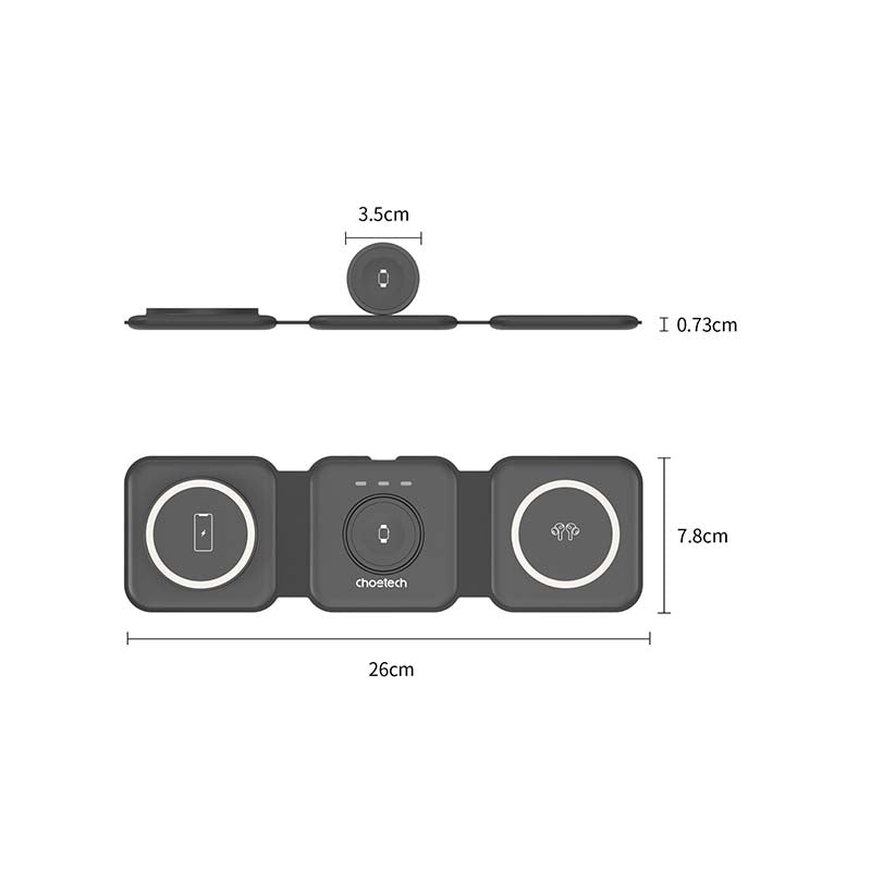 Choetech Foldable 3-in-1 Magnetic Wireless Travel Charger - Black - Black