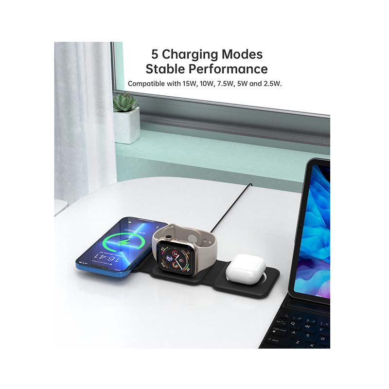 Choetech Foldable 3-in-1 Magnetic Wireless Travel Charger - Black - Black